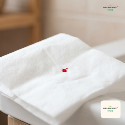A single drop of bright red blood on a folded white tissue paper resting on a bathroom sink, illustrating the symptom of painless bleeding in piles.