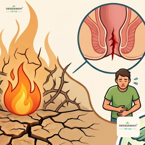 A detailed four-part Ayurvedic infographic illustrating the complete cycle of anal fissures: causes (Vata/Pitta imbalance), dietary and herbal remedies, treatments (Kshara Sutra, sitz bath), and a serene, healthy recovery.